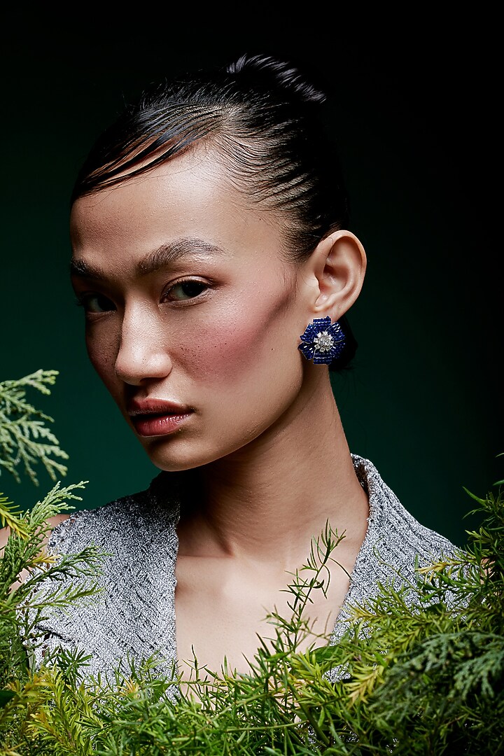 White Rhodium Finish Sapphire Spinel Stone Floral Stud Earrings In Sterling Silver by MISS JO at Pernia's Pop Up Shop