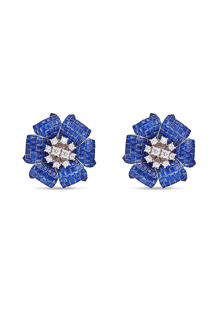 White Rhodium Finish Sapphire Spinel Stone Floral Stud Earrings In Sterling Silver by MISS JO at Pernia's Pop Up Shop