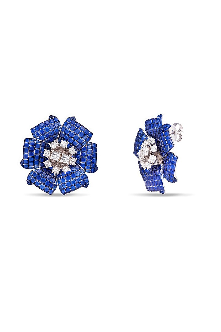White Rhodium Finish Sapphire Spinel Stone Floral Stud Earrings In Sterling Silver by MISS JO at Pernia's Pop Up Shop