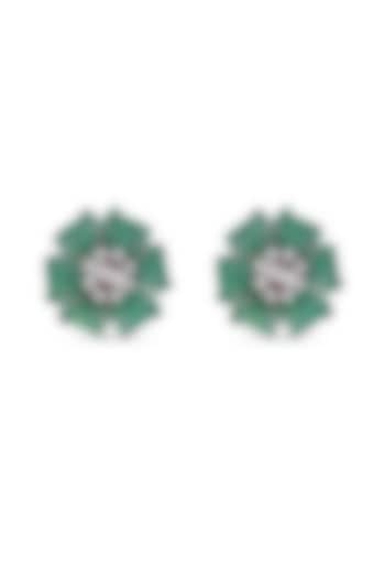 White Rhodium Finish Emerald Spinel Stone Floral Stud Earrings In Sterling Silver by MISS JO at Pernia's Pop Up Shop