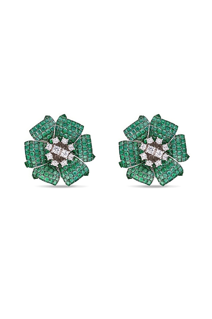 White Rhodium Finish Emerald Spinel Stone Floral Stud Earrings In Sterling Silver by MISS JO at Pernia's Pop Up Shop