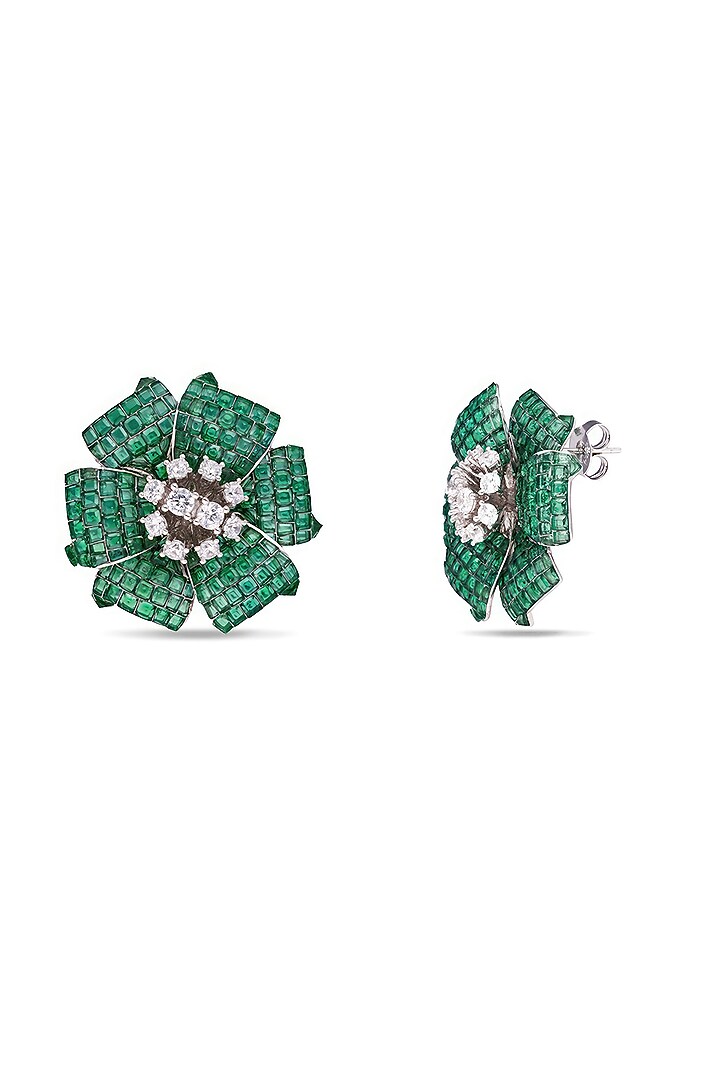 White Rhodium Finish Emerald Spinel Stone Floral Stud Earrings In Sterling Silver by MISS JO at Pernia's Pop Up Shop