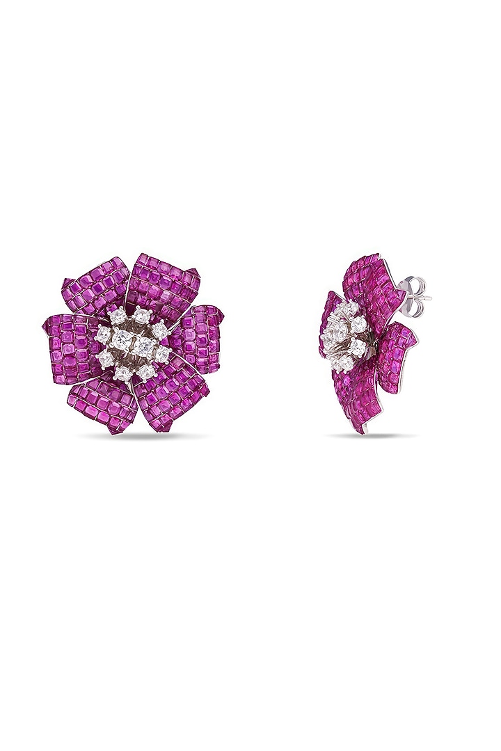 White Rhodium Finish Ruby Spinel Stone Floral Stud Earrings In Sterling Silver by MISS JO at Pernia's Pop Up Shop