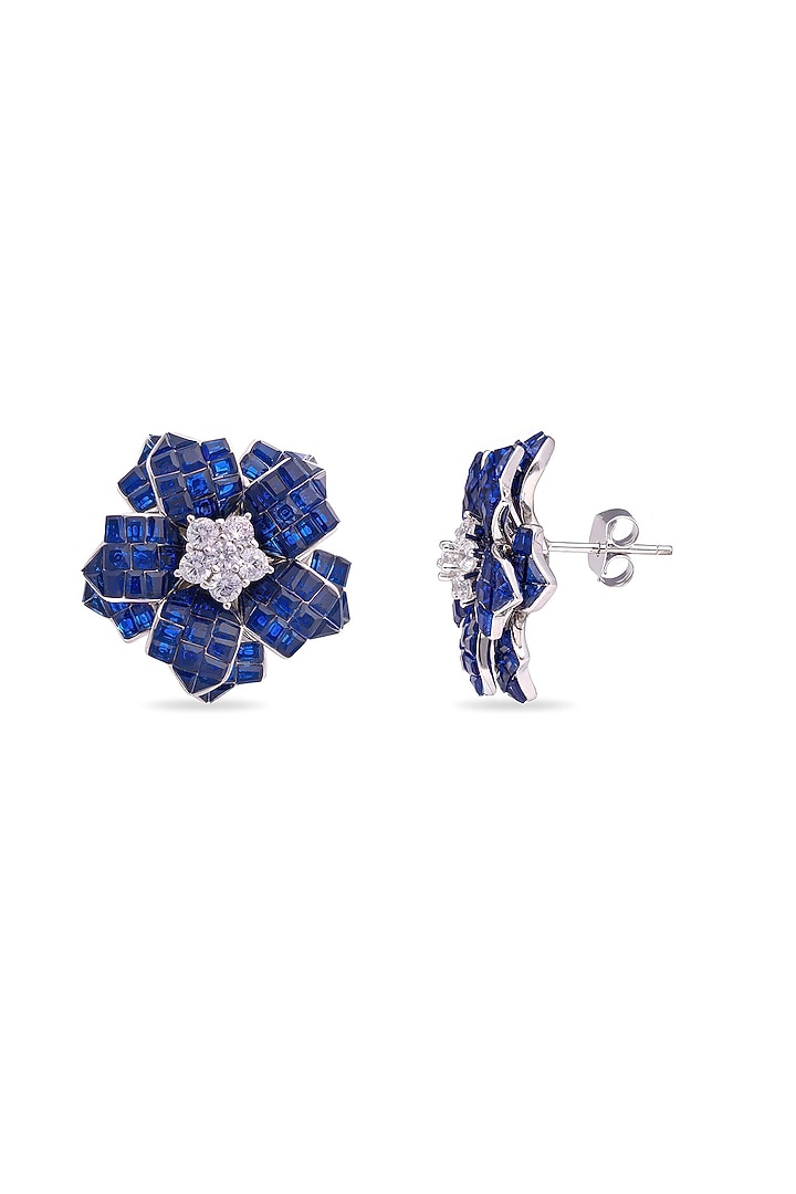 White Rhodium Finish Cubic Zirconia & Sapphire Spinel Stone Floral Stud Earrings In Sterling Silver by MISS JO at Pernia's Pop Up Shop