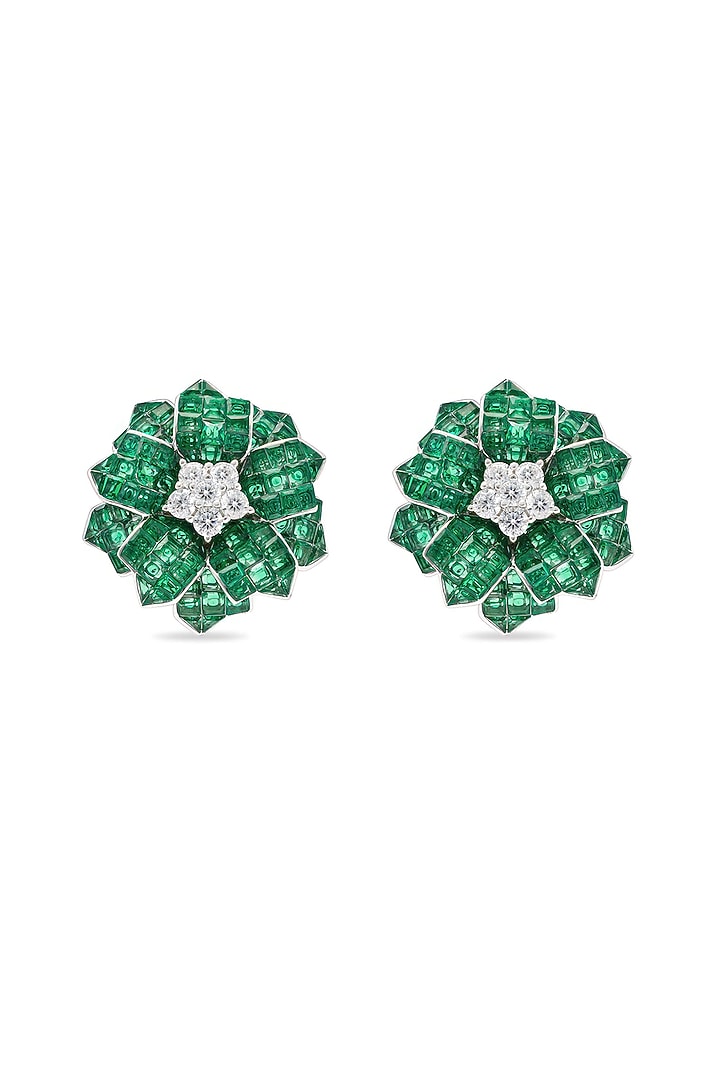 White Rhodium Finish Cubic Zirconia & Emerald Spinel Stone Floral Stud Earrings In Sterling Silver by MISS JO at Pernia's Pop Up Shop
