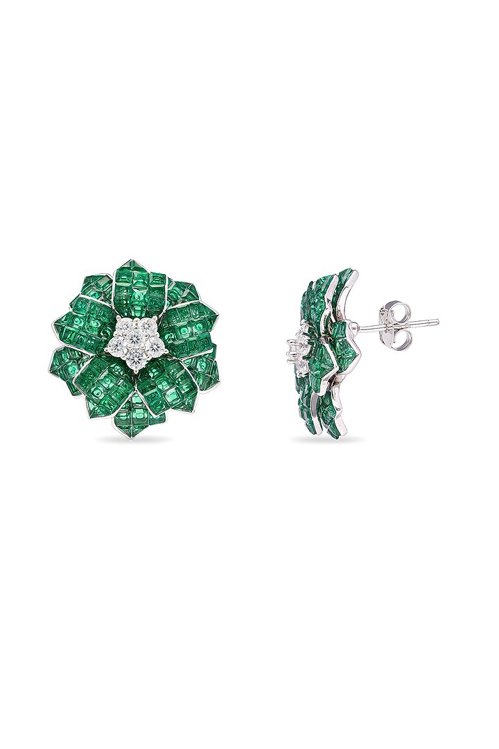 White Rhodium Finish Cubic Zirconia & Emerald Spinel Stone Floral Stud Earrings In Sterling Silver by MISS JO at Pernia's Pop Up Shop