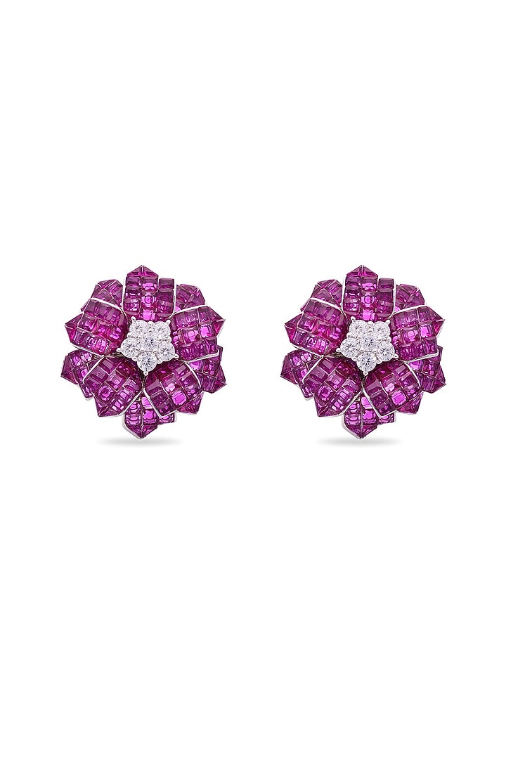 White Rhodium Finish Cubic Zirconia & Ruby Spinel Stone Floral Stud Earrings In Sterling Silver by MISS JO at Pernia's Pop Up Shop