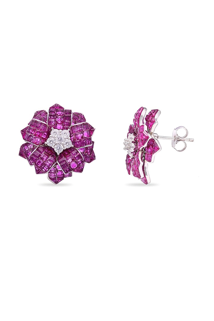 White Rhodium Finish Cubic Zirconia & Ruby Spinel Stone Floral Stud Earrings In Sterling Silver by MISS JO at Pernia's Pop Up Shop