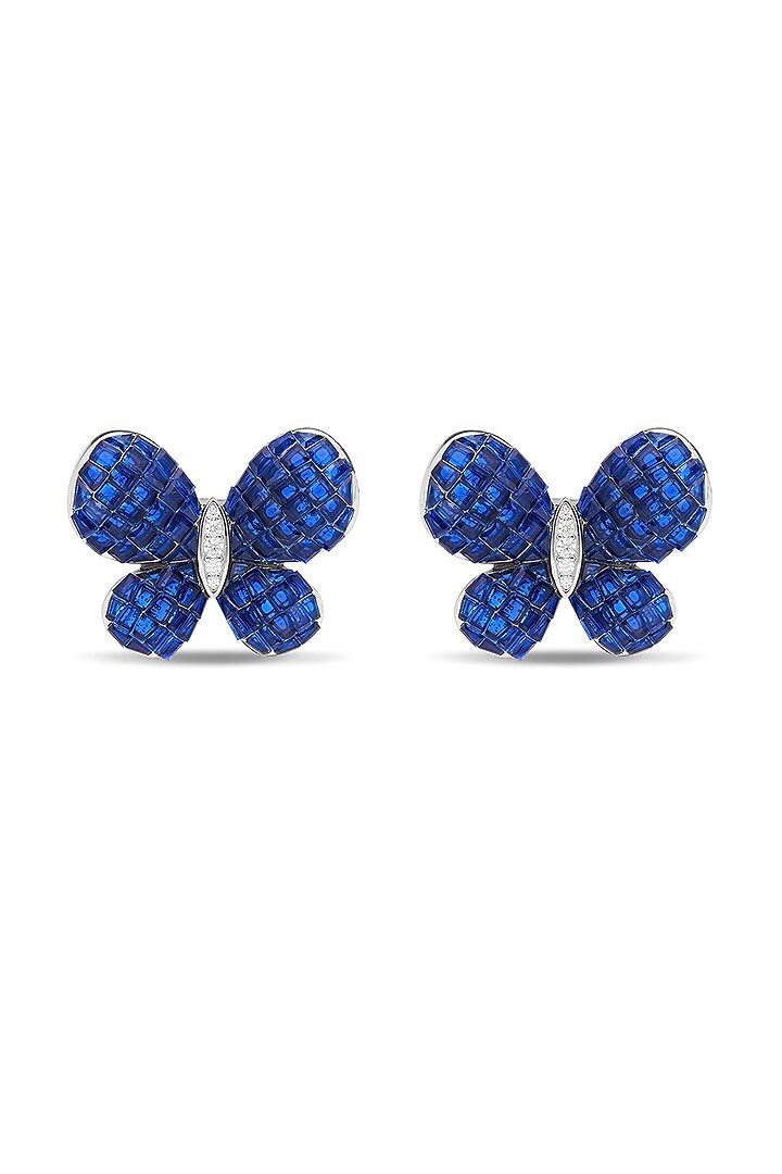 White Rhodium Finish Sapphire Butterfly Stud Earrings In Sterling Silver by MISS JO at Pernia's Pop Up Shop