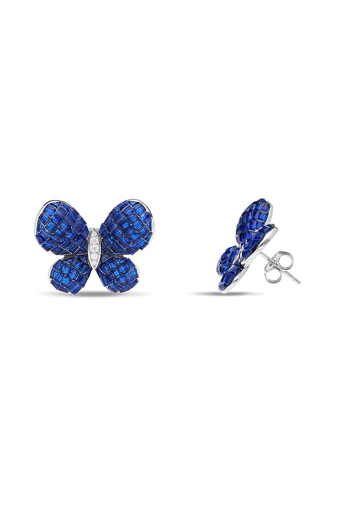 White Rhodium Finish Sapphire Butterfly Stud Earrings In Sterling Silver by MISS JO at Pernia's Pop Up Shop