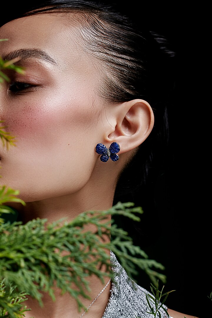 White Rhodium Finish Sapphire Butterfly Stud Earrings In Sterling Silver by MISS JO at Pernia's Pop Up Shop