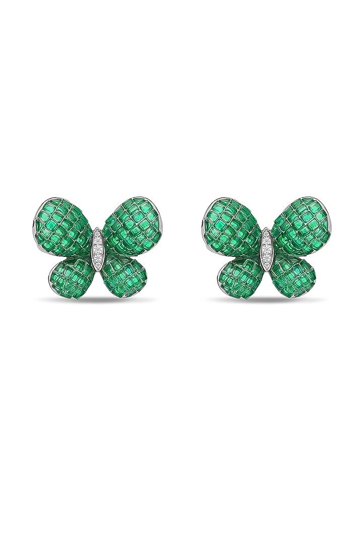 White Rhodium Finish Emerald Butterfly Stud Earrings In Sterling Silver by MISS JO at Pernia's Pop Up Shop