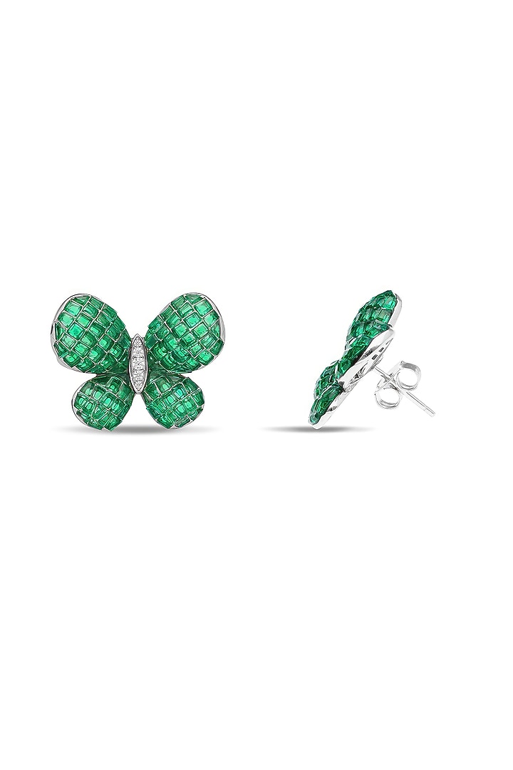 White Rhodium Finish Emerald Butterfly Stud Earrings In Sterling Silver by MISS JO at Pernia's Pop Up Shop