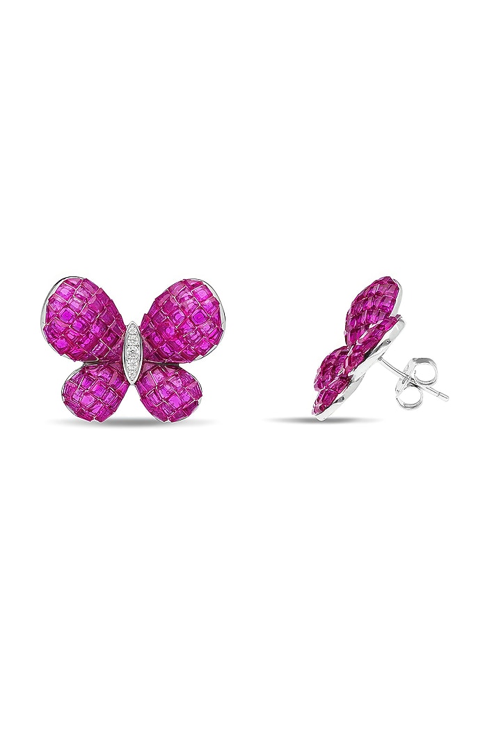 White Rhodium Finish Ruby Butterfly Stud Earrings In Sterling Silver by MISS JO at Pernia's Pop Up Shop