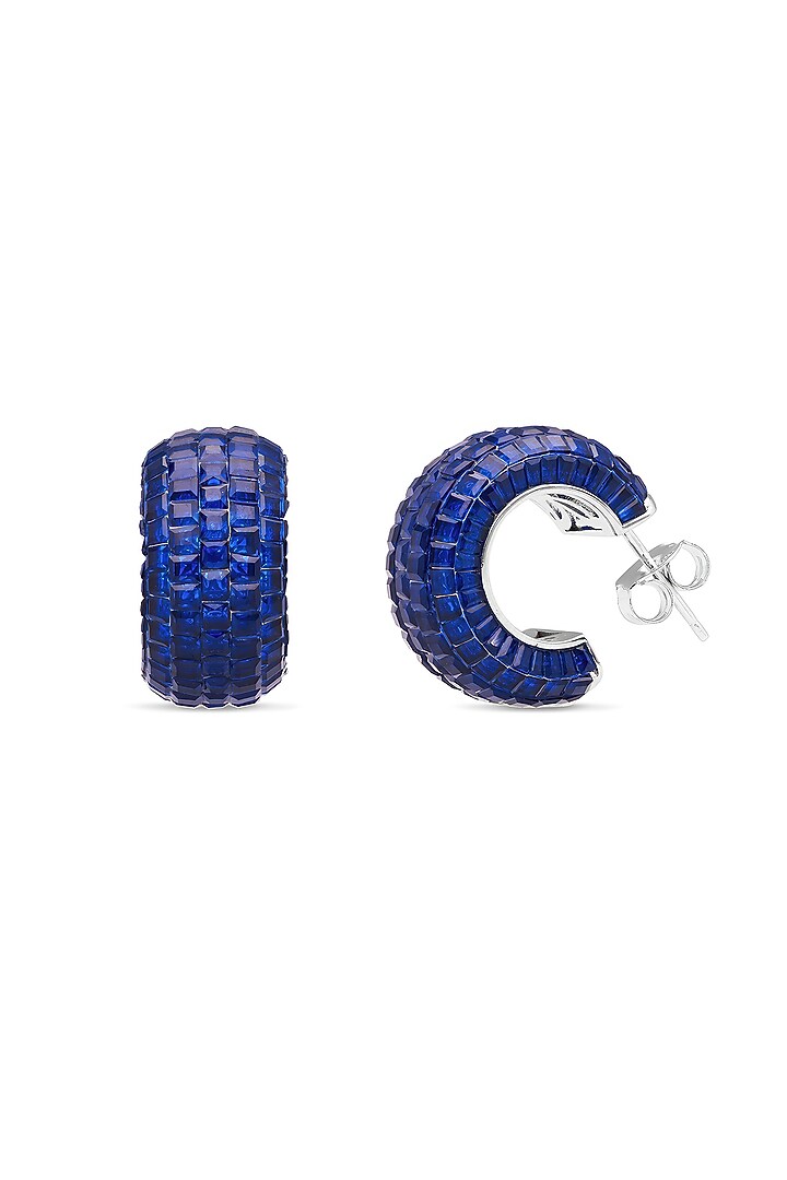 White Rhodium Finish Sapphire Spinel Stone Huggie Earrings In Sterling Silver by MISS JO at Pernia's Pop Up Shop
