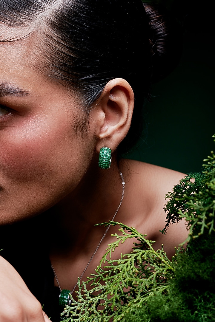 White Rhodium Finish Emerald Spinel Stone Huggie Earrings In Sterling Silver by MISS JO at Pernia's Pop Up Shop