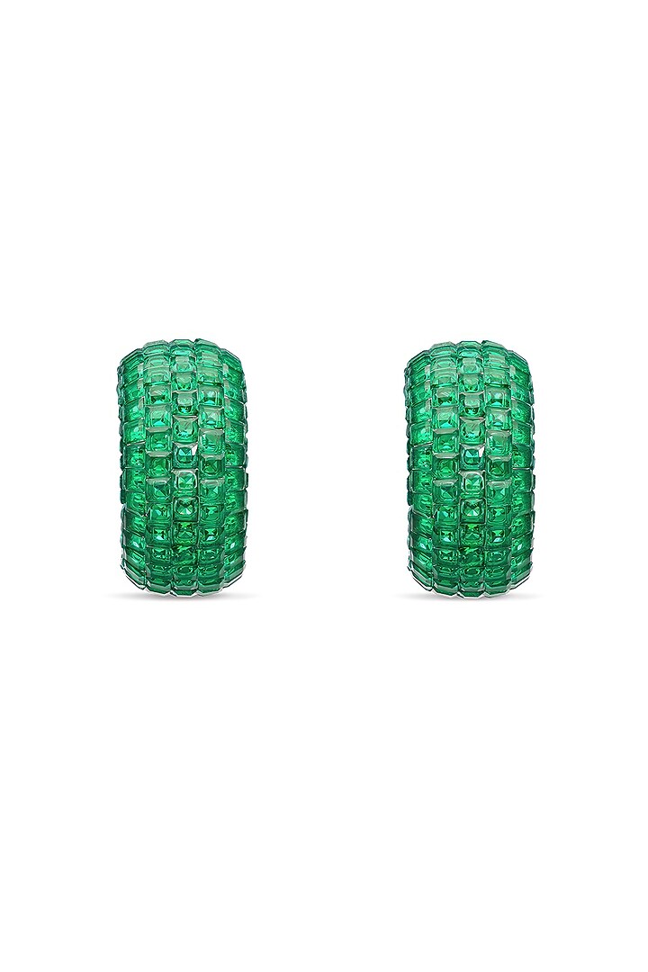 White Rhodium Finish Emerald Spinel Stone Huggie Earrings In Sterling Silver by MISS JO at Pernia's Pop Up Shop
