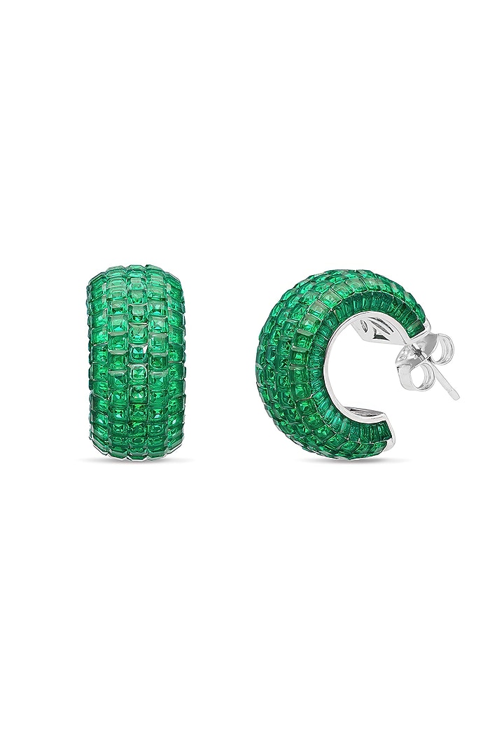 White Rhodium Finish Emerald Spinel Stone Huggie Earrings In Sterling Silver by MISS JO at Pernia's Pop Up Shop