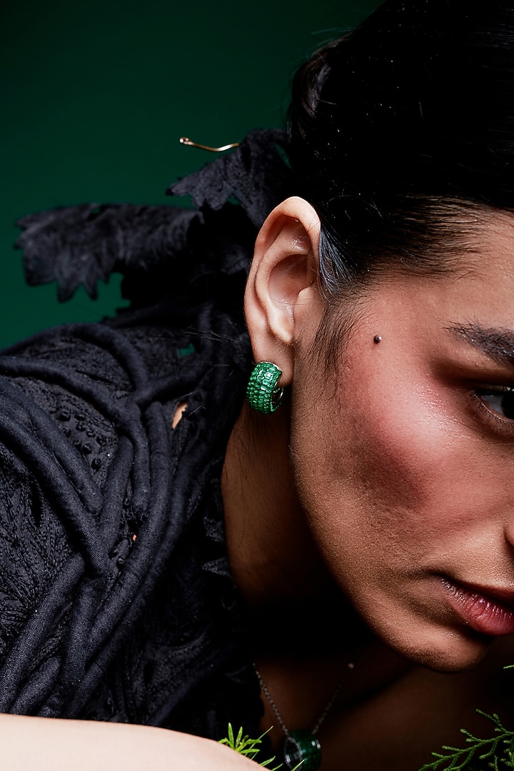 White Rhodium Finish Emerald Spinel Stone Huggie Earrings In Sterling Silver by MISS JO at Pernia's Pop Up Shop
