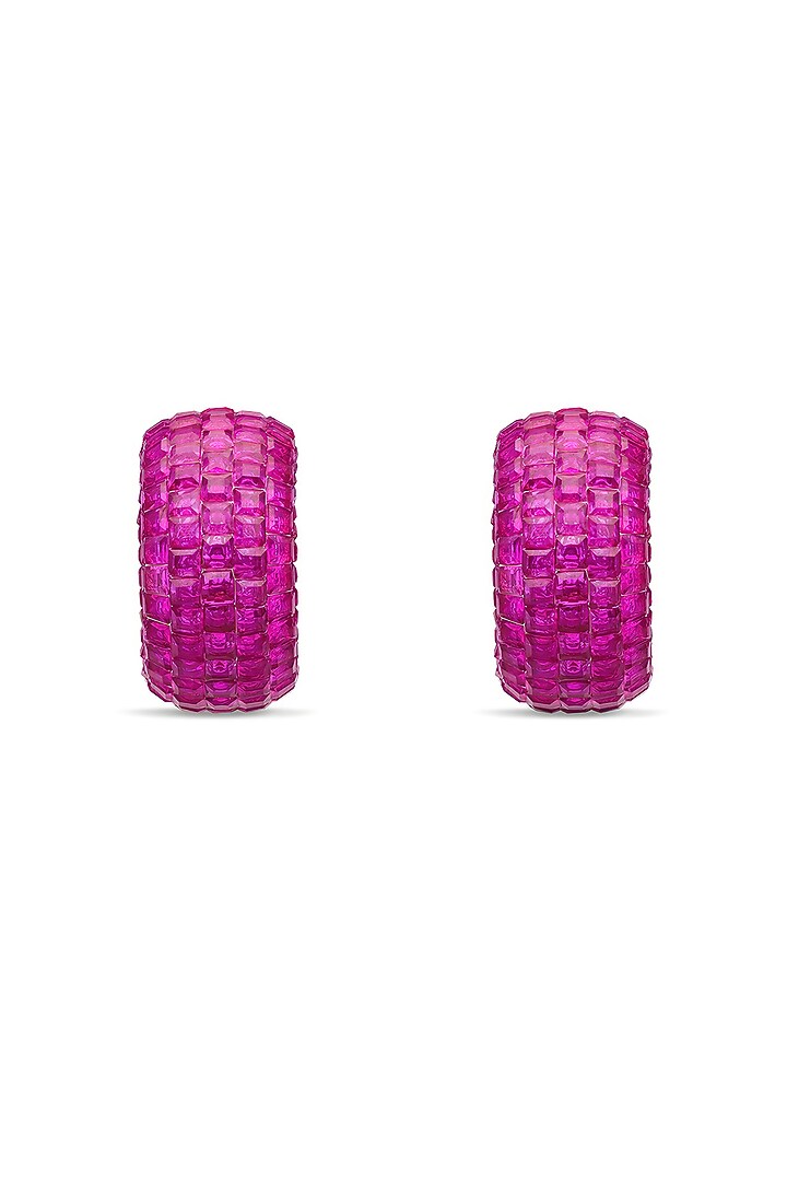 White Rhodium Finish Ruby Spinel Stone Huggie Earrings In Sterling Silver by MISS JO at Pernia's Pop Up Shop