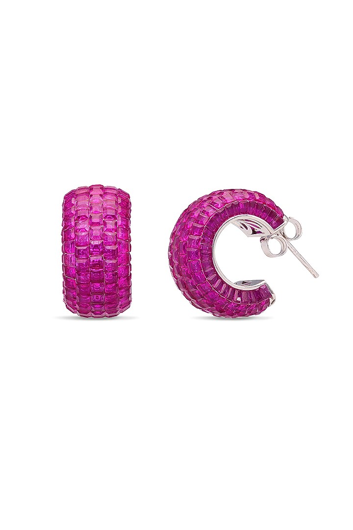 White Rhodium Finish Ruby Spinel Stone Huggie Earrings In Sterling Silver by MISS JO at Pernia's Pop Up Shop