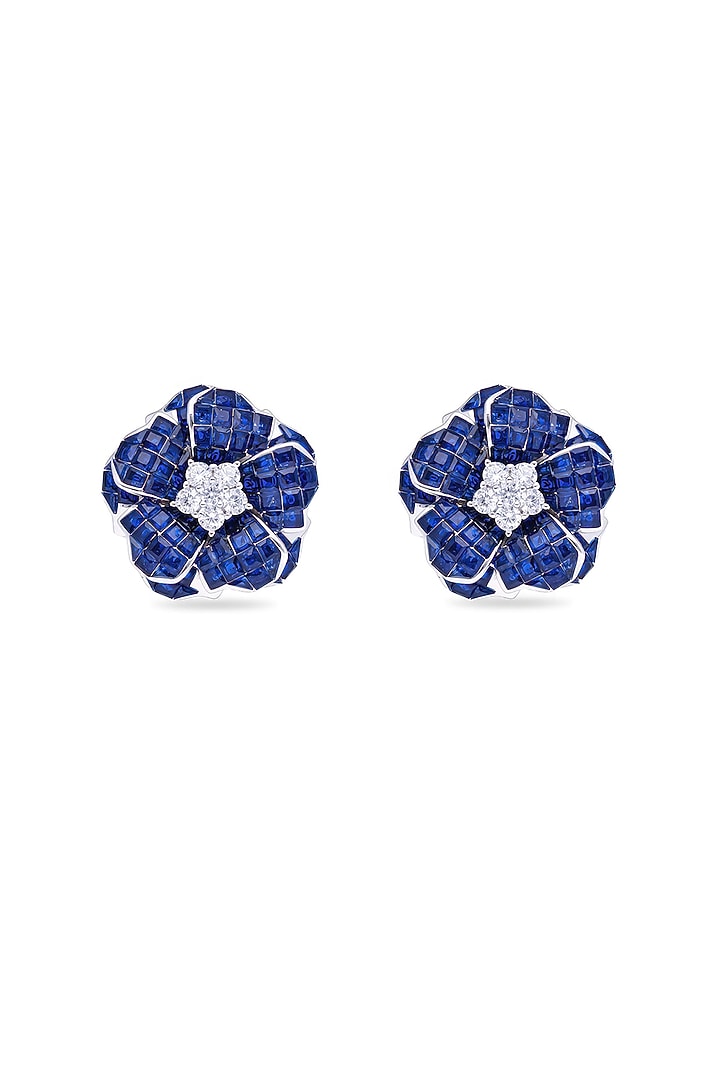 White Rhodium Finish Sapphire Stone Floral Stud Earrings In Sterling Silver by MISS JO at Pernia's Pop Up Shop