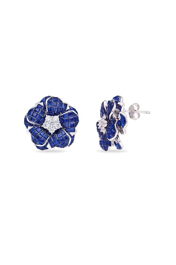 White Rhodium Finish Sapphire Stone Floral Stud Earrings In Sterling Silver by MISS JO at Pernia's Pop Up Shop