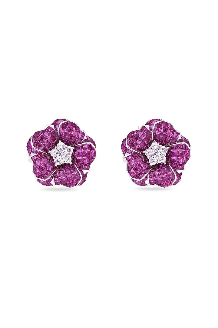 White Rhodium Finish Ruby Stone Floral Stud Earrings In Sterling Silver by MISS JO at Pernia's Pop Up Shop