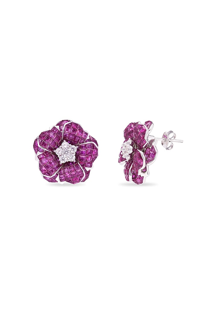 White Rhodium Finish Ruby Stone Floral Stud Earrings In Sterling Silver by MISS JO at Pernia's Pop Up Shop