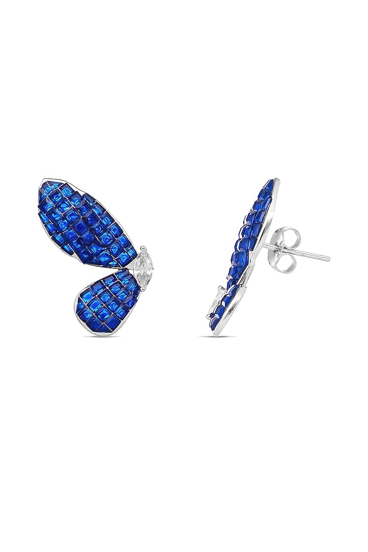 White Rhodium Finish Sapphire Spinel Stone Butterfly Stud Earrings In Sterling Silver by MISS JO at Pernia's Pop Up Shop