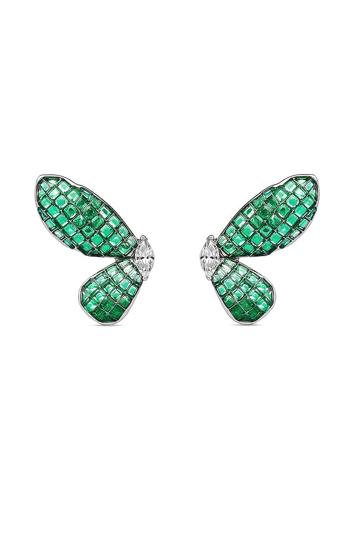 White Rhodium Finish Emerald Spinel Stone Butterfly Stud Earrings In Sterling Silver by MISS JO at Pernia's Pop Up Shop