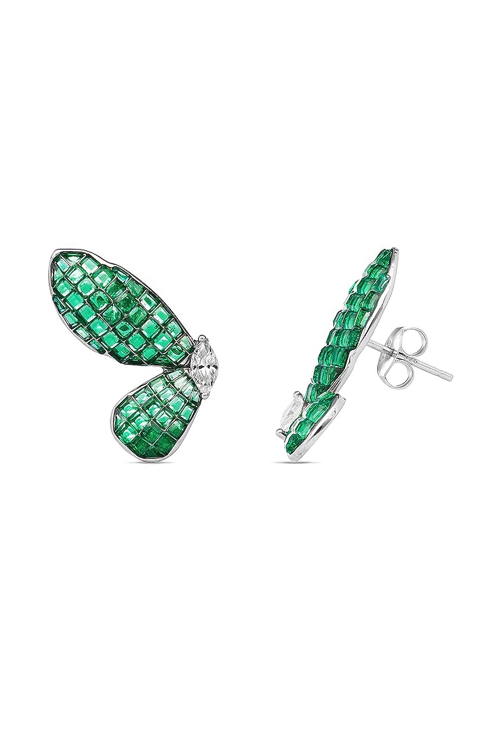 White Rhodium Finish Emerald Spinel Stone Butterfly Stud Earrings In Sterling Silver by MISS JO at Pernia's Pop Up Shop