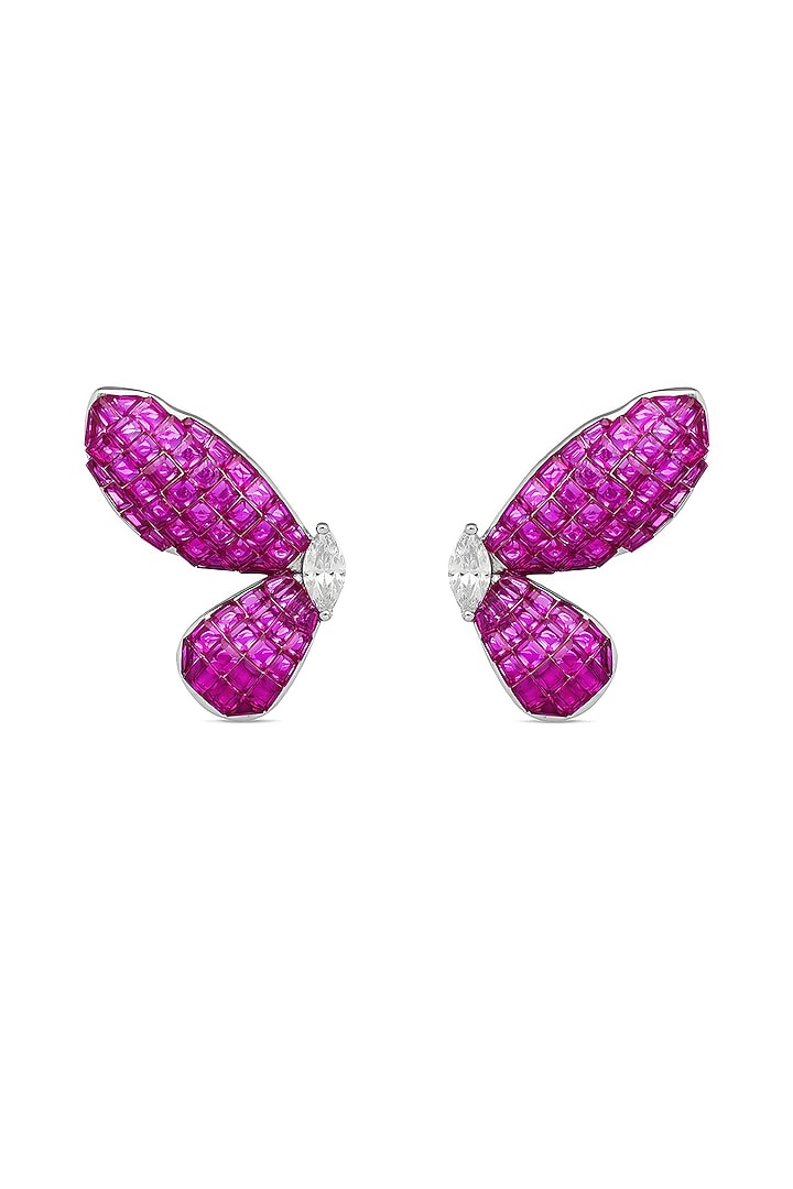 White Rhodium Finish Ruby Spinel Stone Butterfly Stud Earrings In Sterling Silver by MISS JO at Pernia's Pop Up Shop