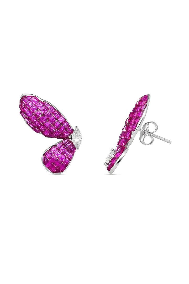 White Rhodium Finish Ruby Spinel Stone Butterfly Stud Earrings In Sterling Silver by MISS JO at Pernia's Pop Up Shop