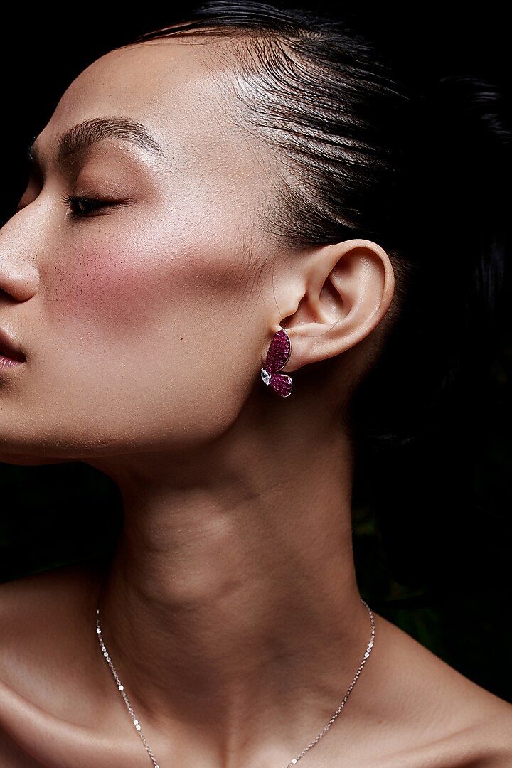 White Rhodium Finish Ruby Spinel Stone Butterfly Stud Earrings In Sterling Silver by MISS JO at Pernia's Pop Up Shop