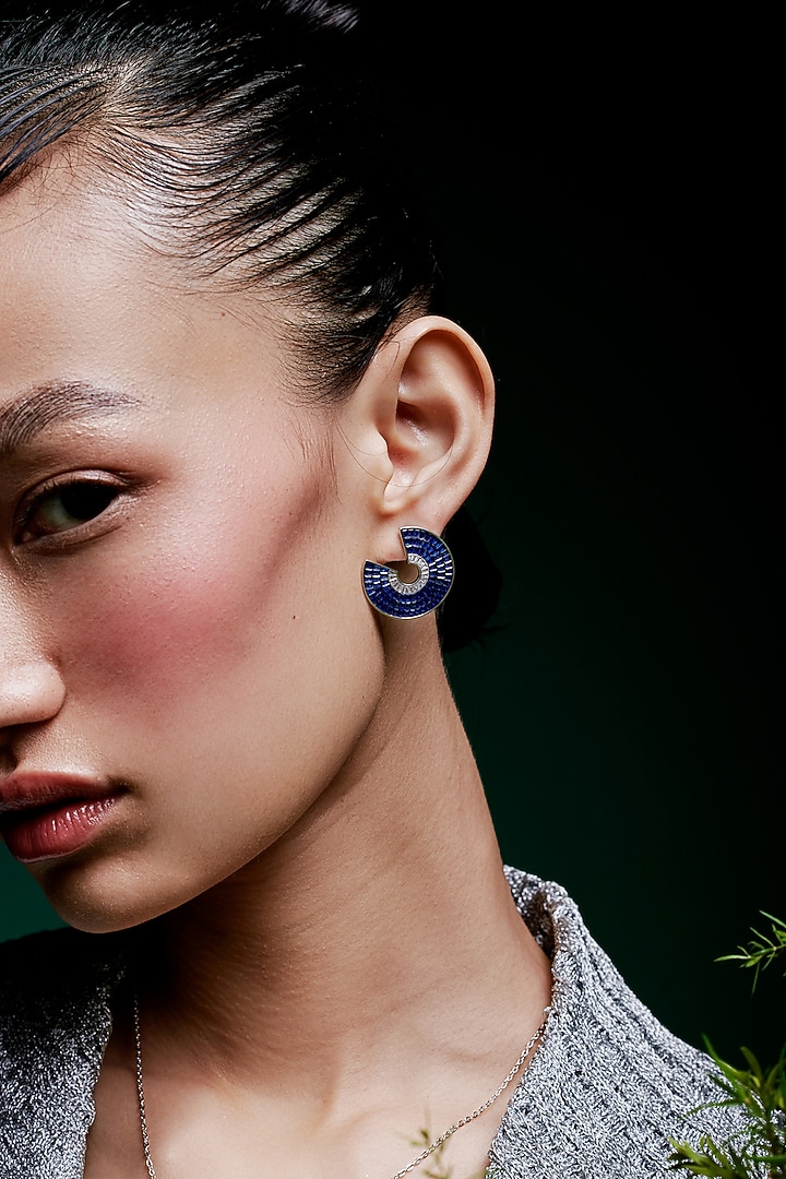 White Rhodium Finish Sapphire Spinel Stone Circlets Stud Earrings In Sterling Silver by MISS JO at Pernia's Pop Up Shop