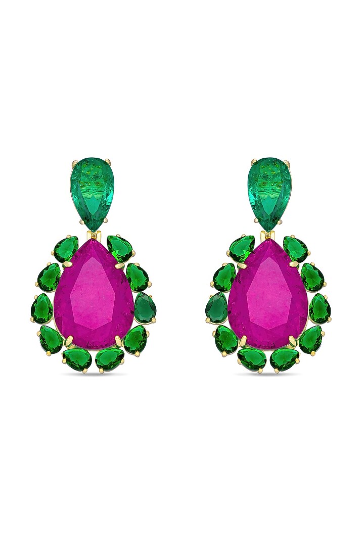 Gold Finish Deep Pink Natural Stone Dangler Earrings In Sterling Silver by MISS JO at Pernia's Pop Up Shop