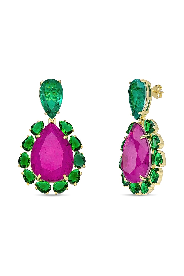 Gold Finish Deep Pink Natural Stone Dangler Earrings In Sterling Silver by MISS JO at Pernia's Pop Up Shop