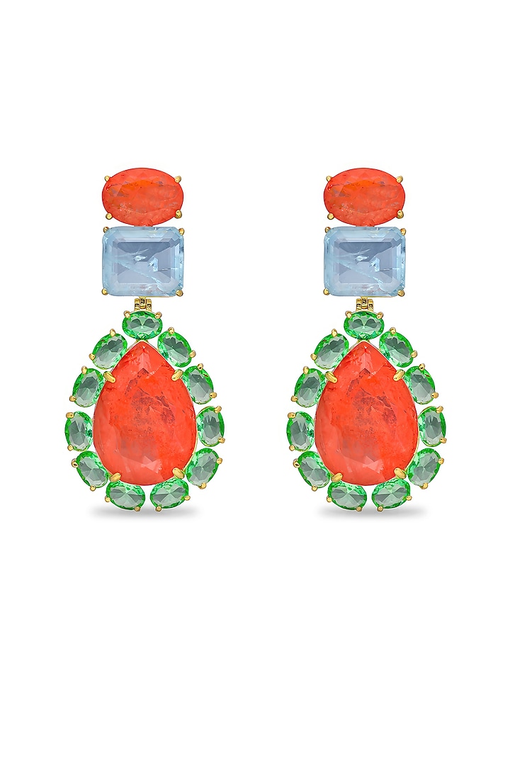 Gold Finish Coral Orange & Sky Blue Natural Stone Dangler Earrings In Sterling Silver by MISS JO at Pernia's Pop Up Shop
