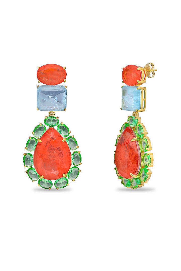 Gold Finish Coral Orange & Sky Blue Natural Stone Dangler Earrings In Sterling Silver by MISS JO at Pernia's Pop Up Shop