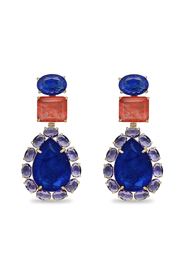 Gold Finish Coral Orange & Dark Blue Natural Stone Dangler Earrings In Sterling Silver by MISS JO at Pernia's Pop Up Shop