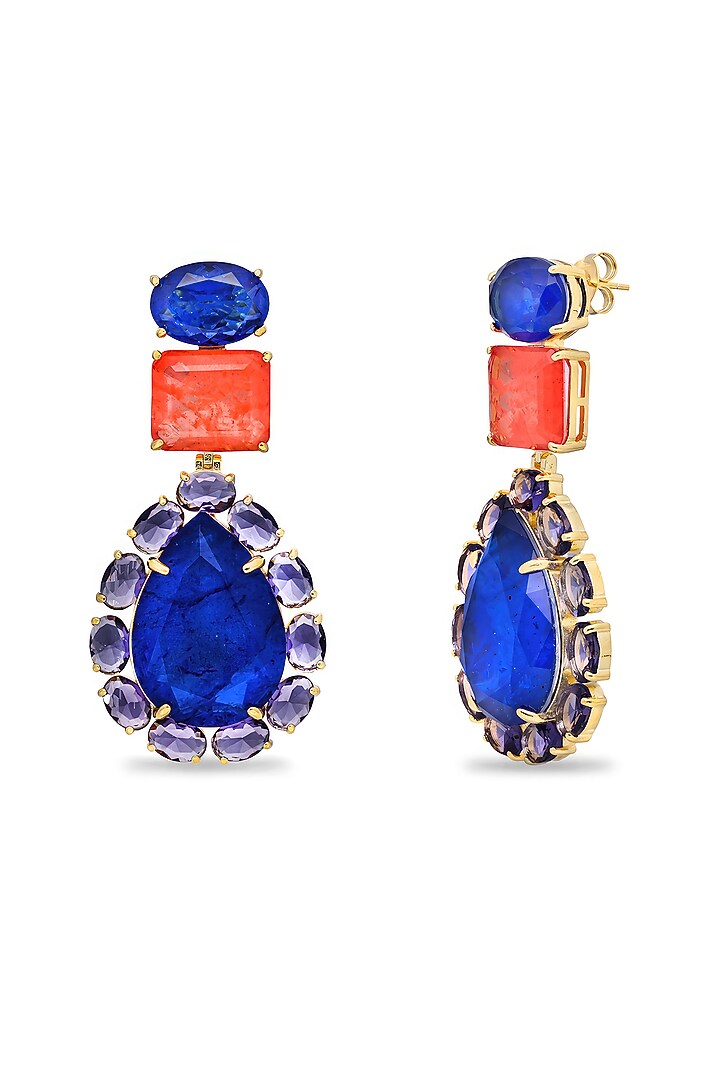 Gold Finish Coral Orange & Dark Blue Natural Stone Dangler Earrings In Sterling Silver by MISS JO at Pernia's Pop Up Shop