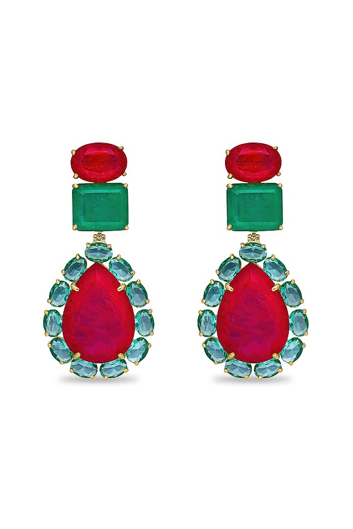 Gold Finish Deep Pink & Cyan Blue Natural Stone Dangler Earrings In Sterling Silver by MISS JO at Pernia's Pop Up Shop