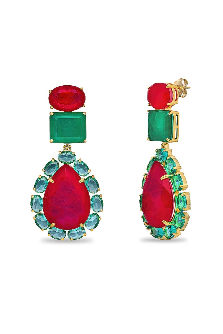 Gold Finish Deep Pink & Cyan Blue Natural Stone Dangler Earrings In Sterling Silver by MISS JO at Pernia's Pop Up Shop