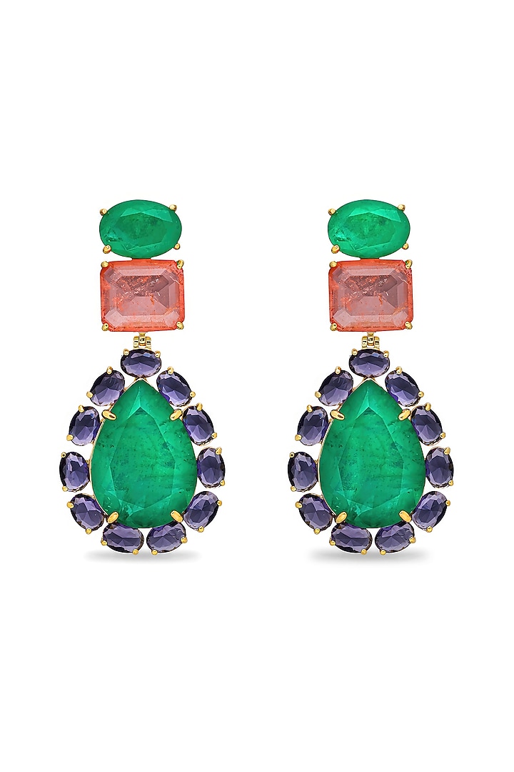 Gold Finish Emerald Green & Light Purple Natural Stone Dangler Earrings In Sterling Silver by MISS JO at Pernia's Pop Up Shop