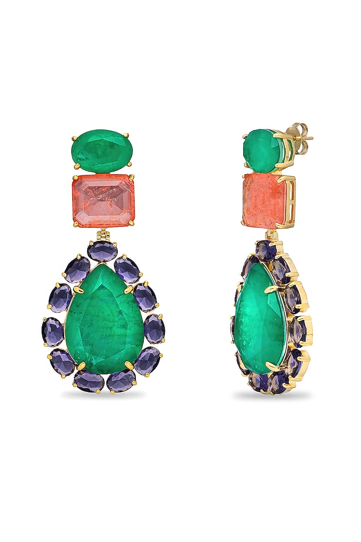 Gold Finish Emerald Green & Light Purple Natural Stone Dangler Earrings In Sterling Silver by MISS JO at Pernia's Pop Up Shop