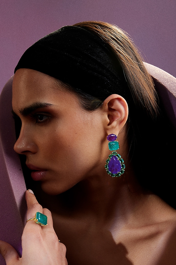Gold Finish Emerald Green & Purple Natural Stone Dangler Earrings In Sterling Silver by MISS JO at Pernia's Pop Up Shop
