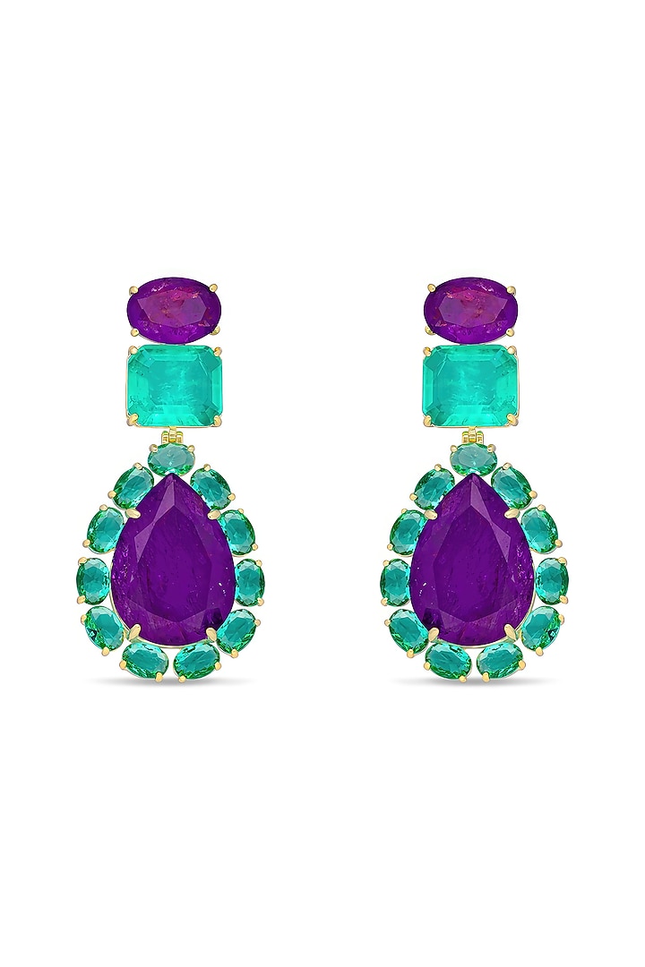 Gold Finish Emerald Green & Purple Natural Stone Dangler Earrings In Sterling Silver by MISS JO at Pernia's Pop Up Shop