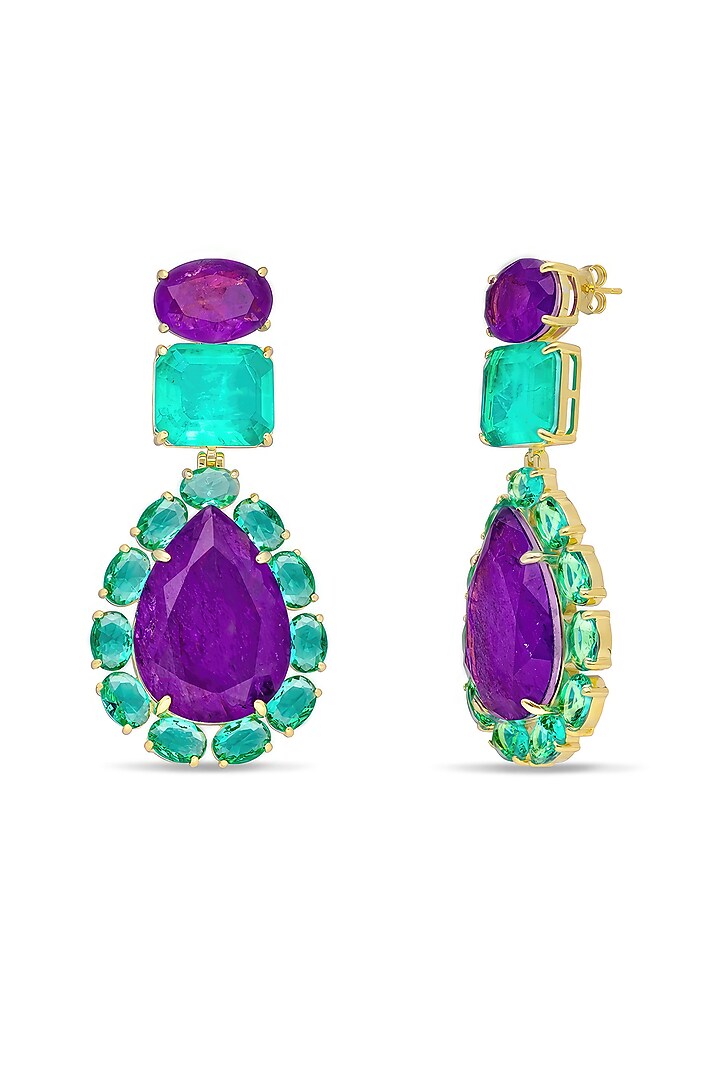 Gold Finish Emerald Green & Purple Natural Stone Dangler Earrings In Sterling Silver by MISS JO at Pernia's Pop Up Shop