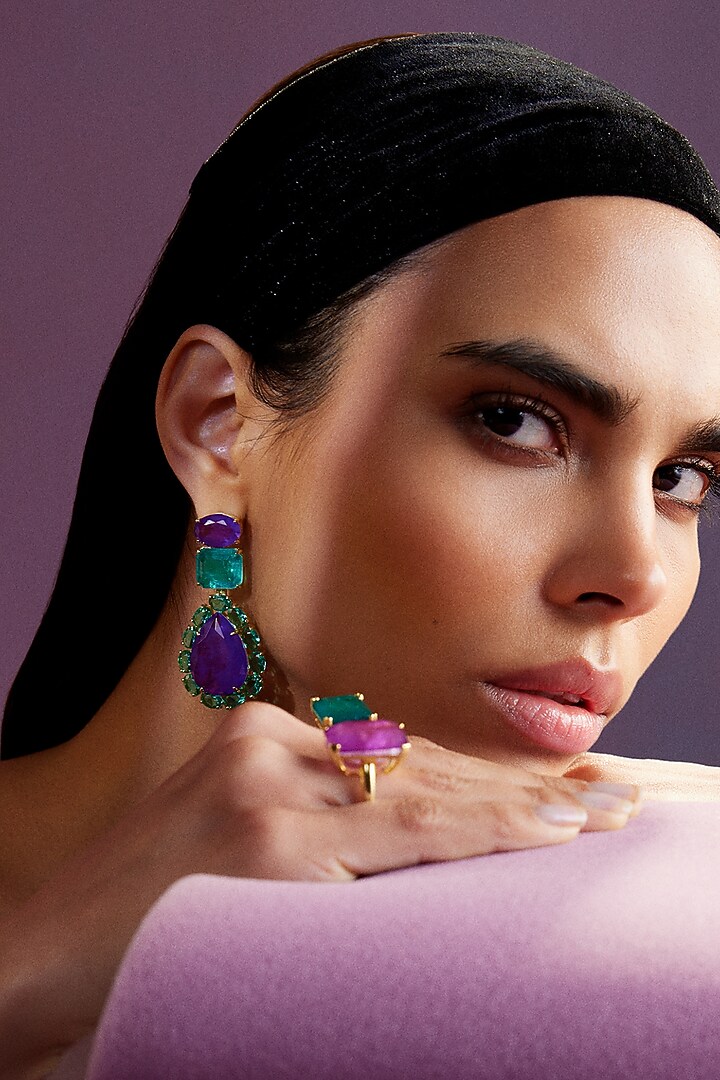Gold Finish Emerald Green & Purple Natural Stone Dangler Earrings In Sterling Silver by MISS JO at Pernia's Pop Up Shop